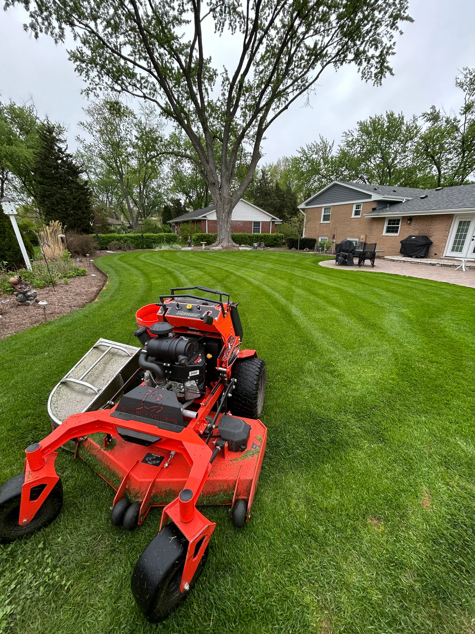 Lawn mower beside freshly cut green grass